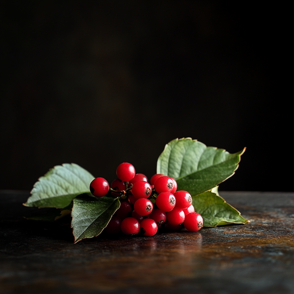 Schisandra berries with green leaves in darkness