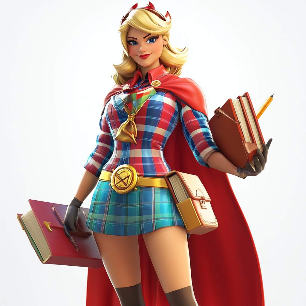 School-themed superhero costume with vibrant and dynamic style.