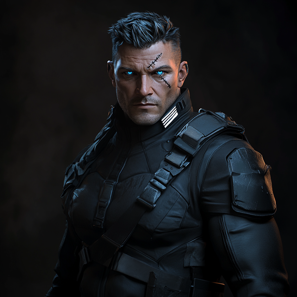 Sci-fi Hero with Blue Eyes and Scars in Dark Clothing - Photograph with Dramatic Lighting