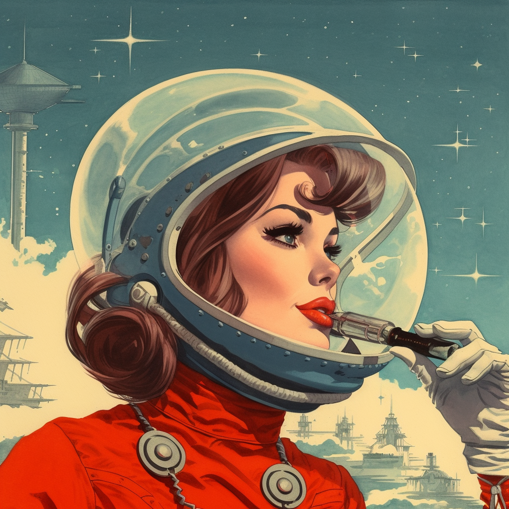 Sci-fi astronaut babe in helmet with red lipstick.