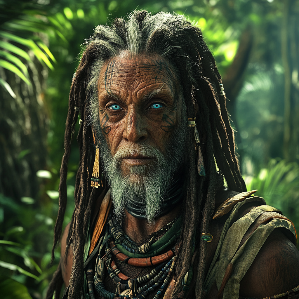 Sci-fi character in jungle, leader of M'Bora Tribe.