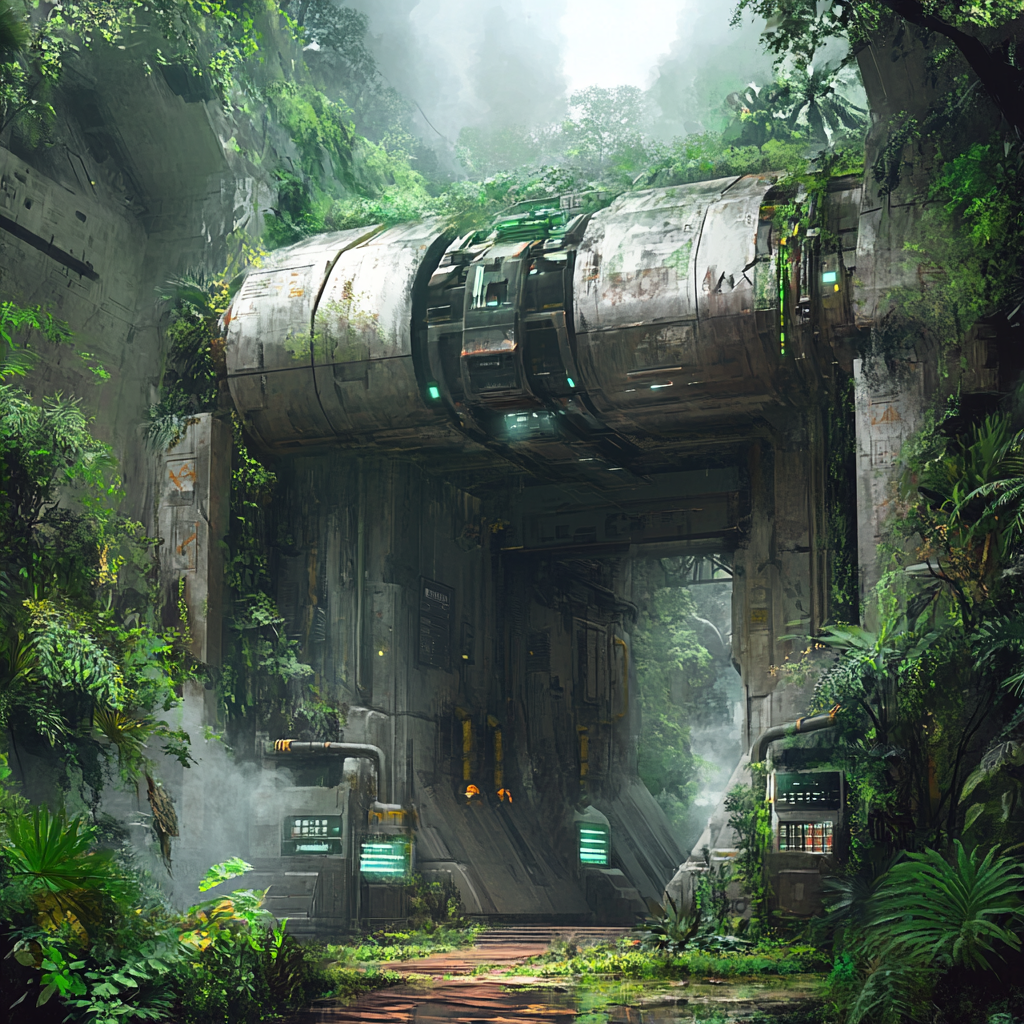 Sci-fi jungle lab with cloning pods and tanks.