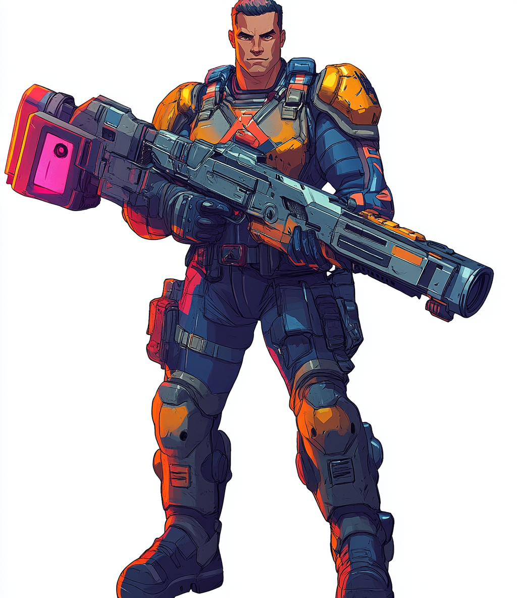 Sci-fi male character holding machine gun in cartoon style.