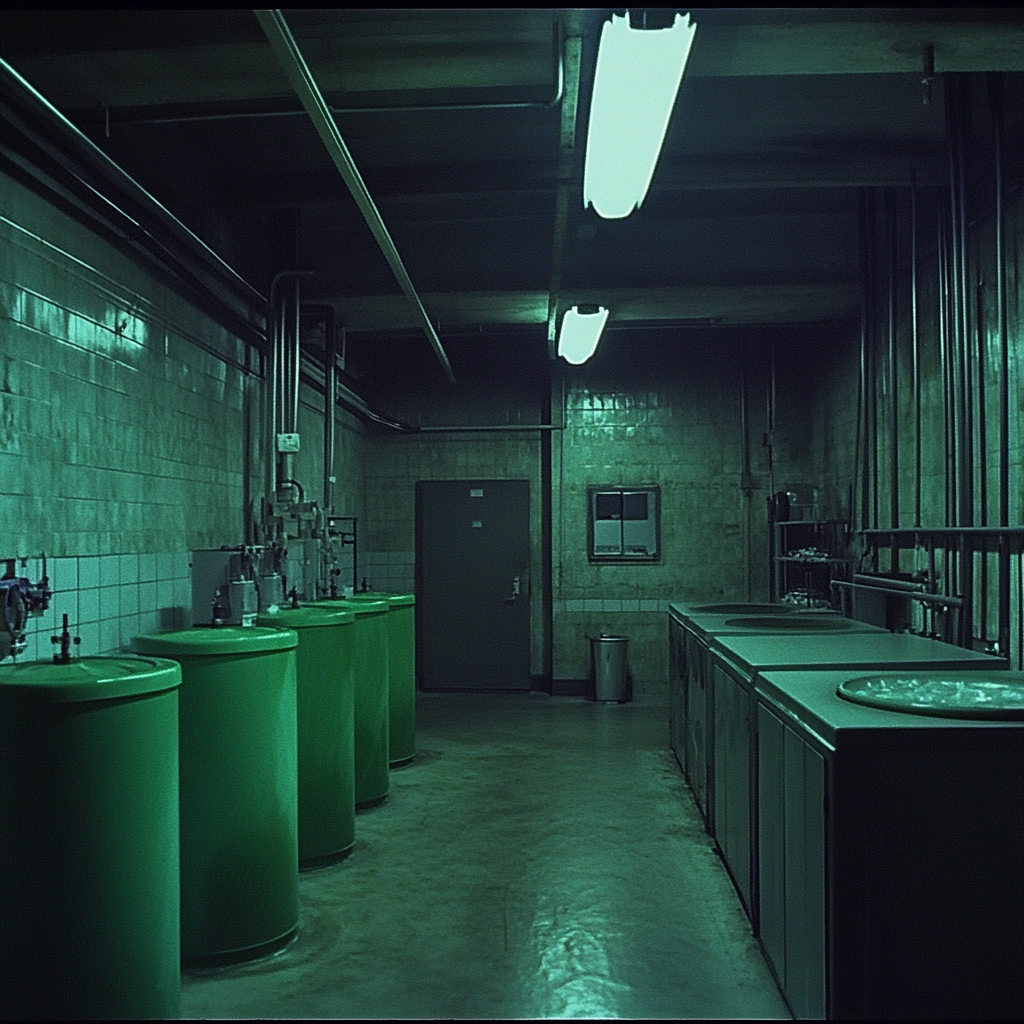 Scientific village lab, green tanks, dark room, no people.