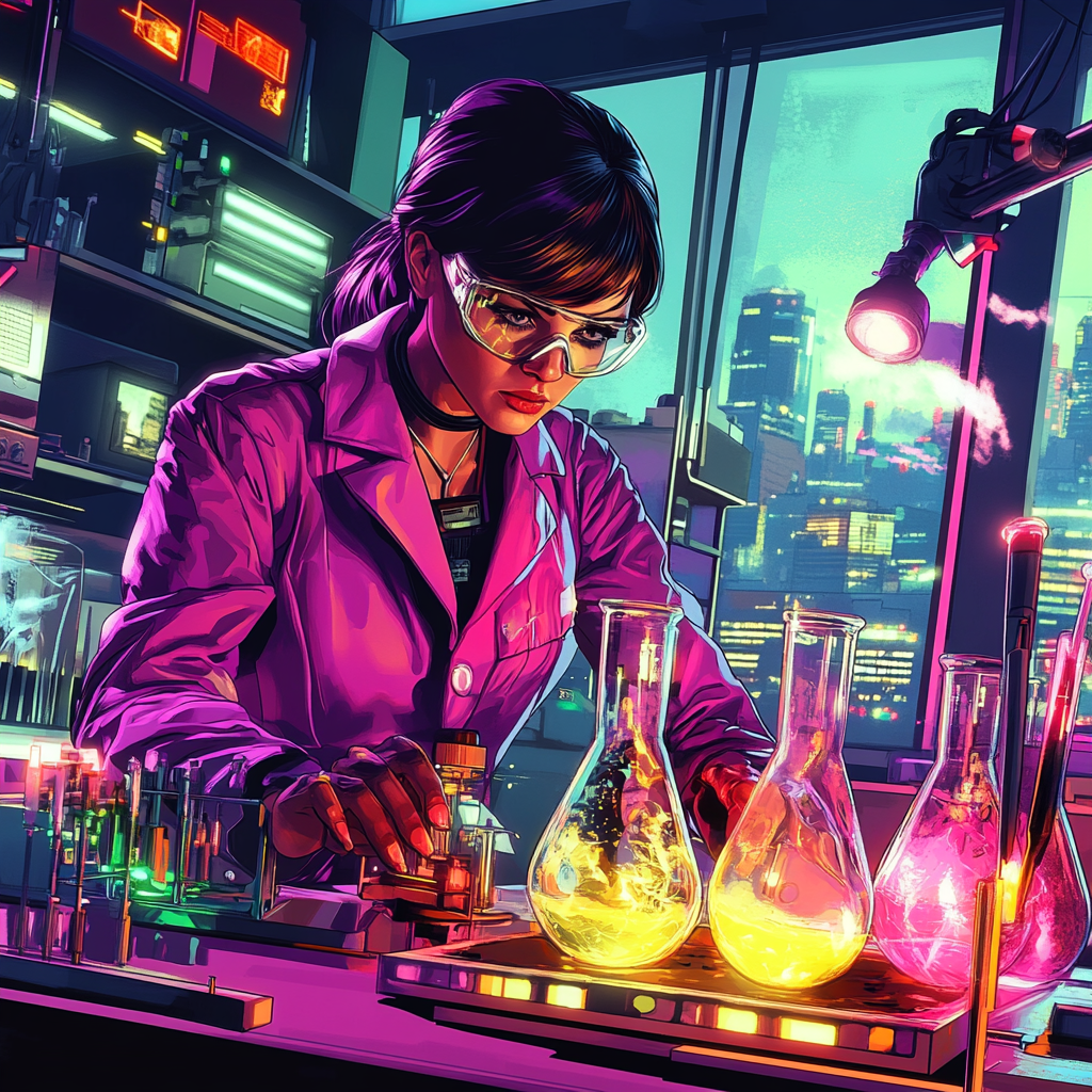 Scientist analyzing chemical reactions in futuristic lab setting.