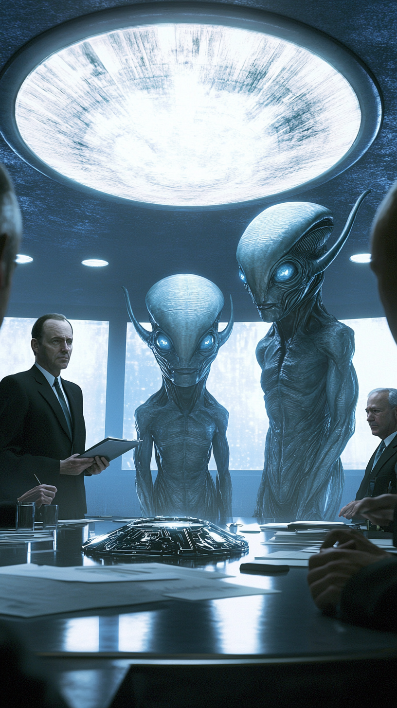 Scientists, officials, and aliens in government briefing room