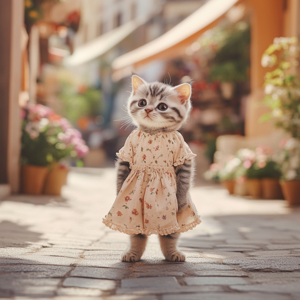 Scottish Fold kitten in feminine outfit on street.