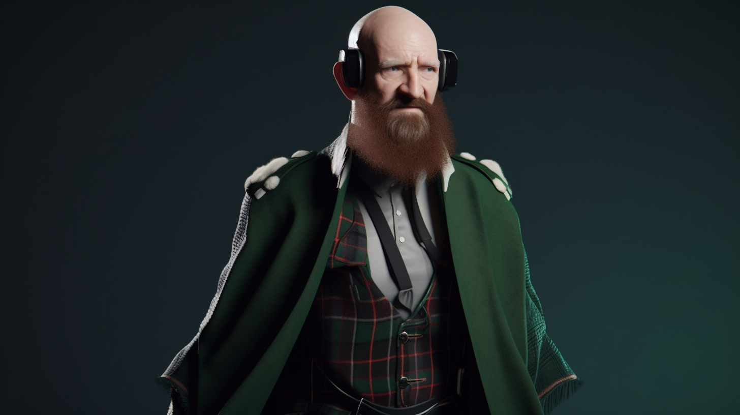 Scottish man in VR wearing kilt - AI.