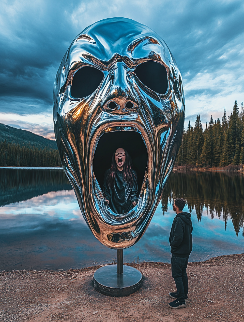 Scream Mask Chrome Woman Black Hoodie Forest Lake