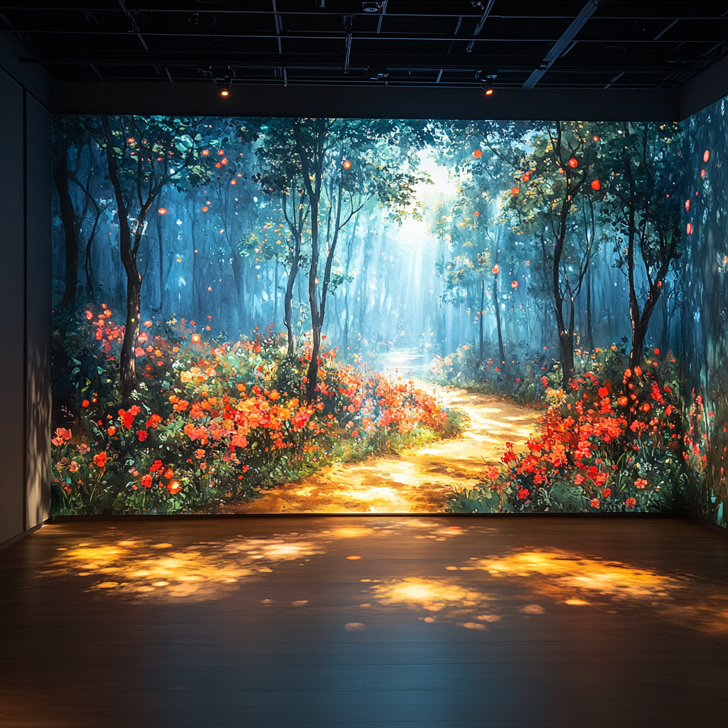 Screen displays nature trail paintings with glowing sunshine.