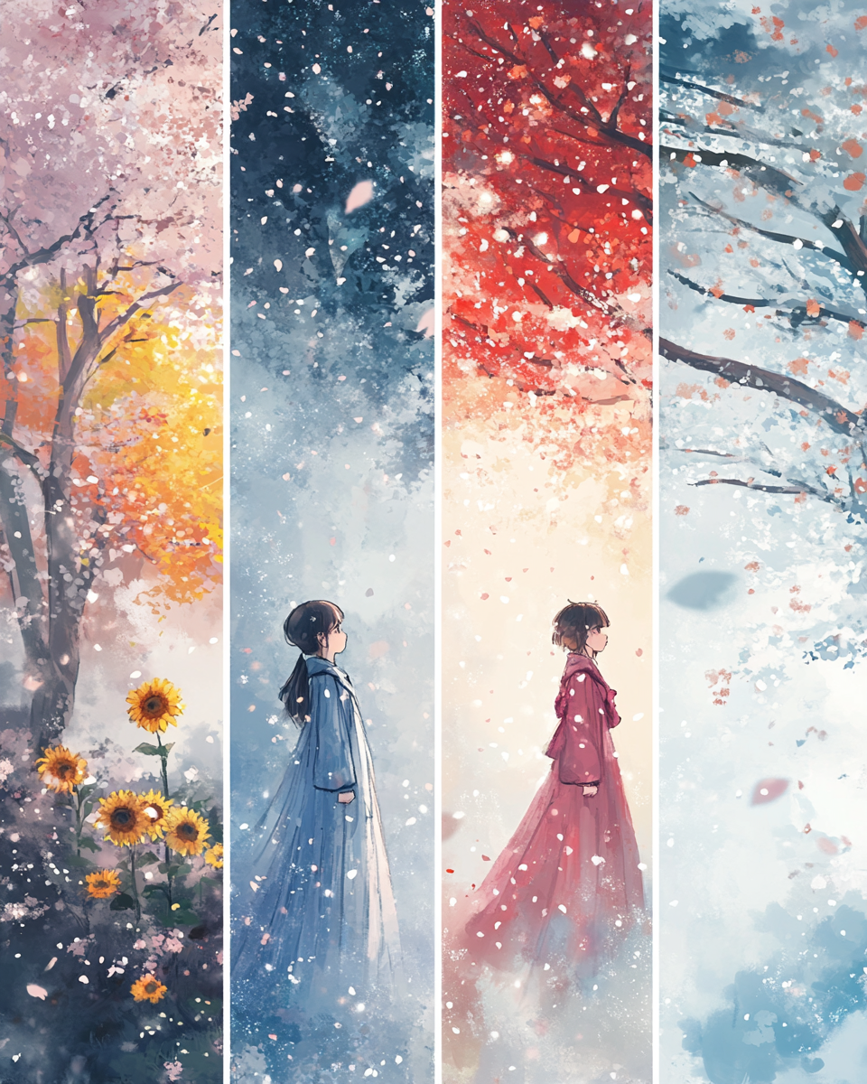 Screen divided into four parts with seasonal illustrations.