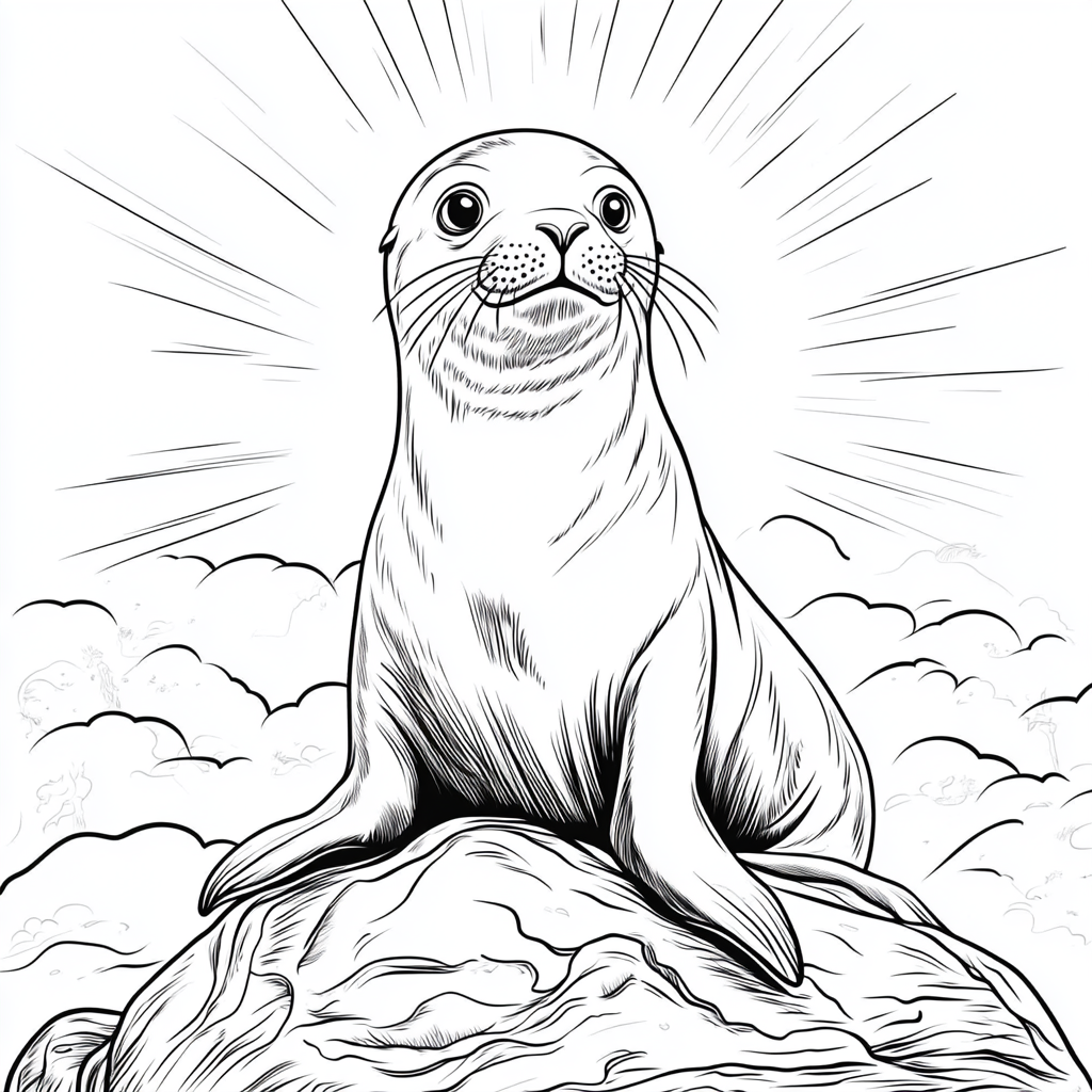 Sea lion design with Disney-like eyes, on rock.