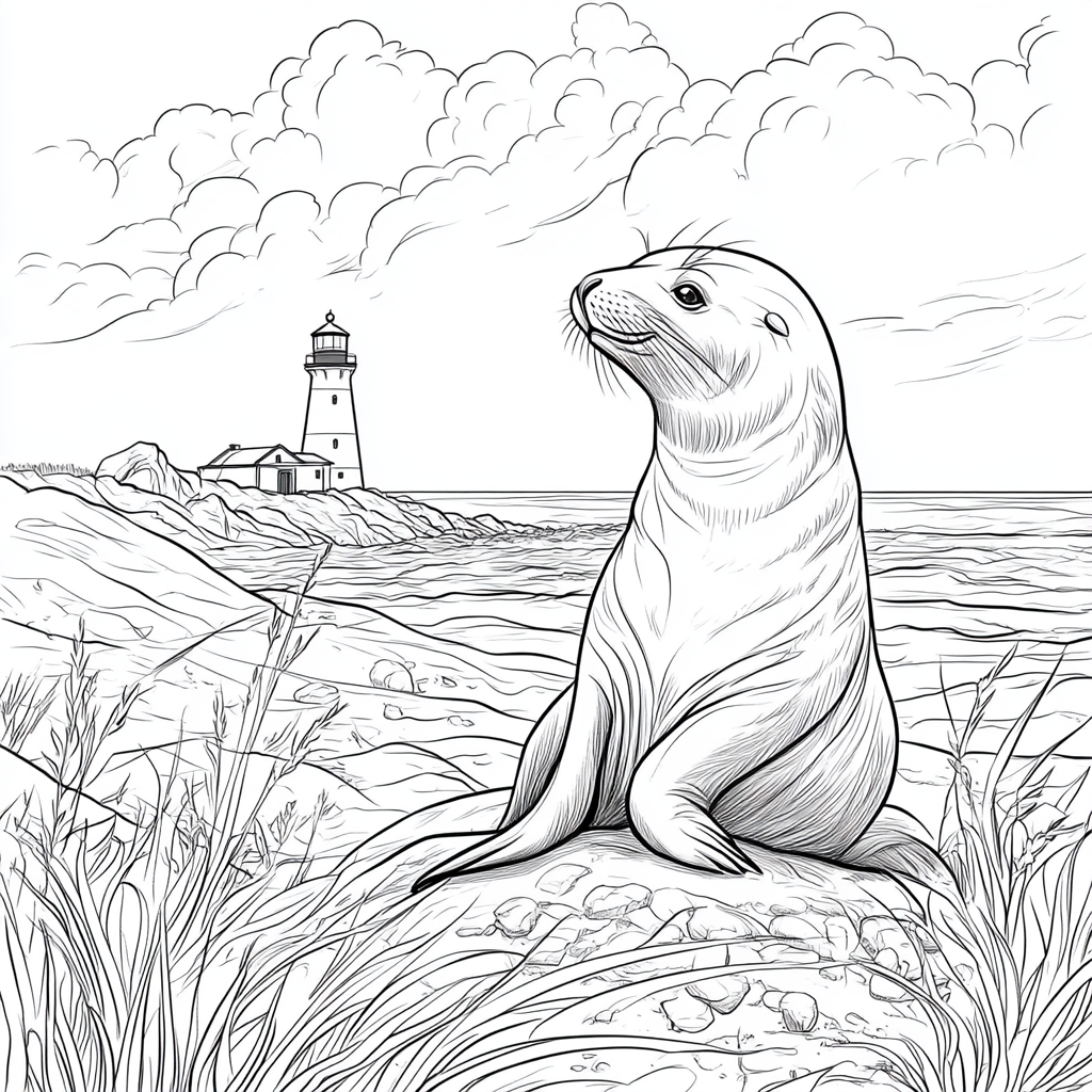 Sea lion on rock with lighthouse and clouds.