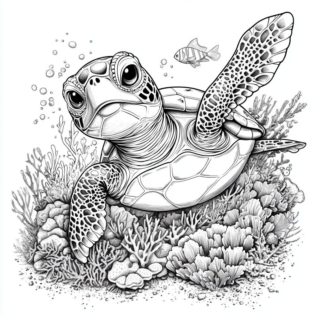 Sea turtle cartoon character design, eyes like Disney.