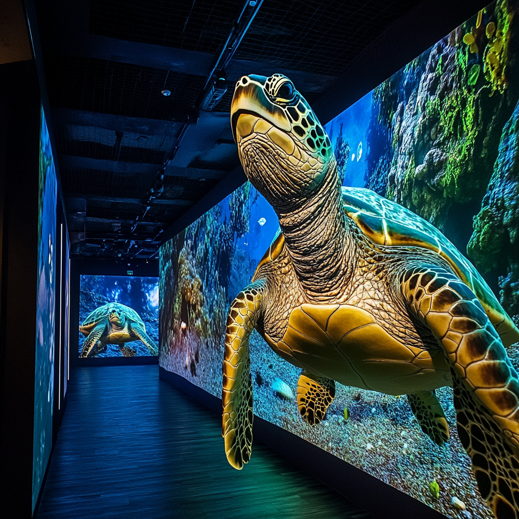 Sea turtles in Michoacán room show ecosystems with projections.