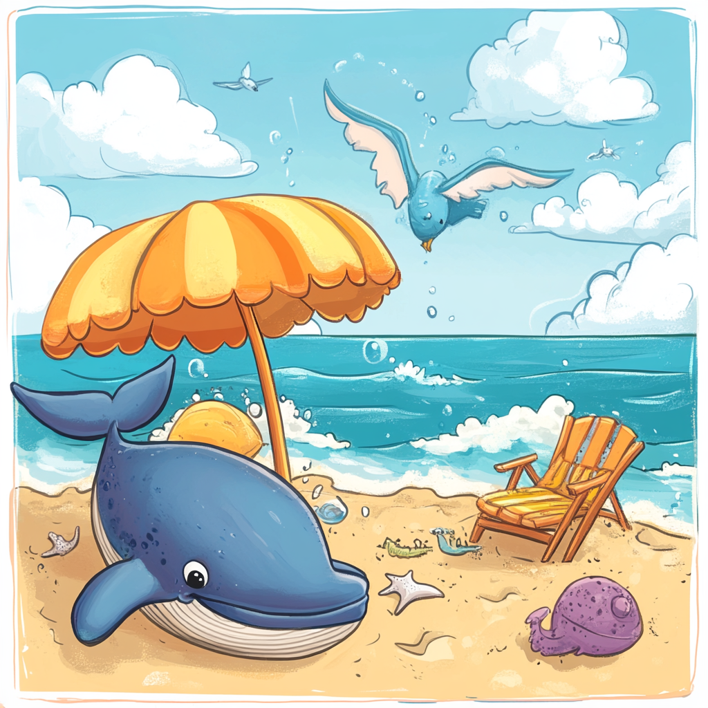 Seagull, whale, beach umbrella, chair, sea creatures cartoon scene.