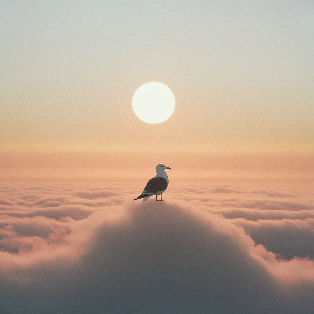 Seagull Surveying Horizon under Surreal Sunset Sky