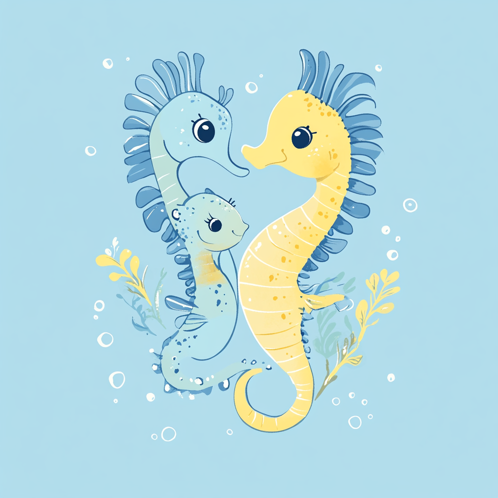 Seahorse mother holding baby with seaweed and bubbles.