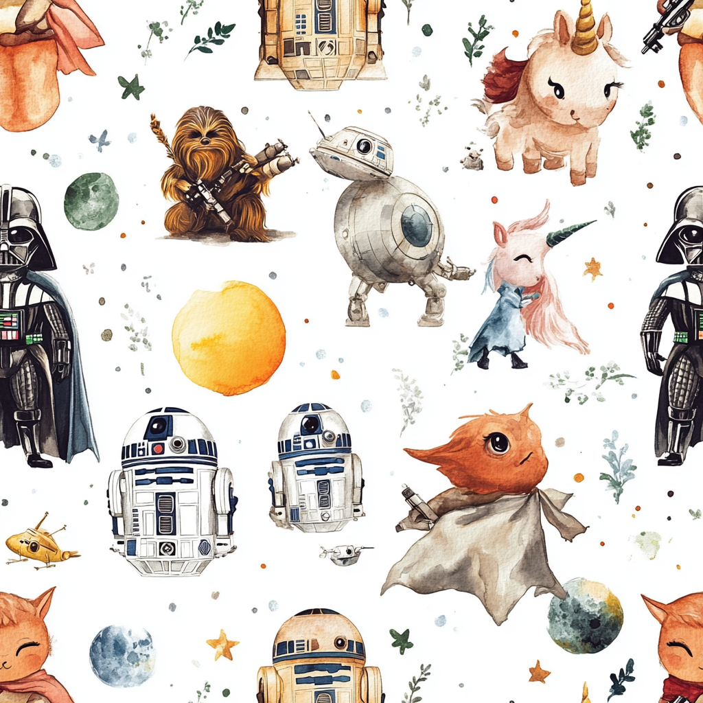 Seamless pattern with Star Wars, unicorns, Marvel characters.