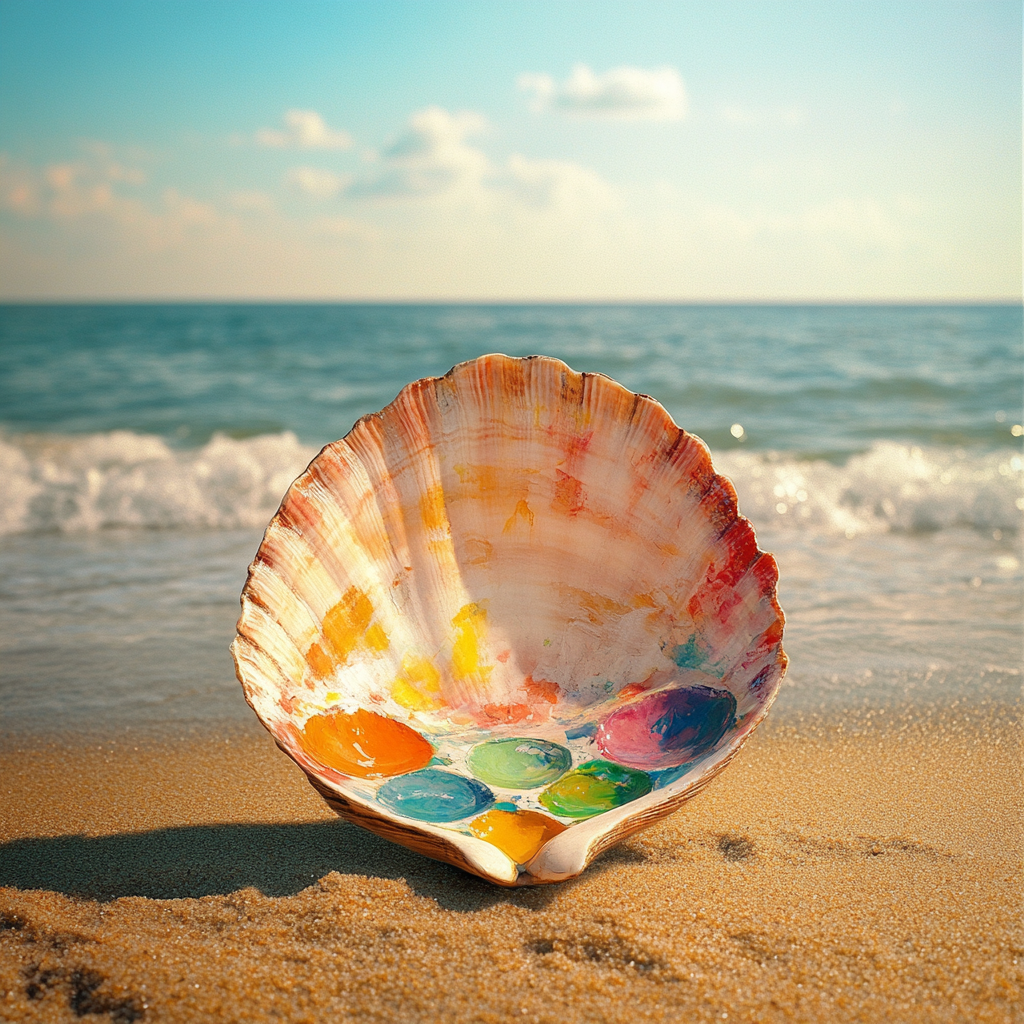 Seashell transformed into watercolor palette on sunny beach.