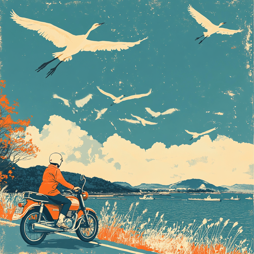 Seasonal Bai Lu Poster: Motorcycle, Egrets, Blue White Orange