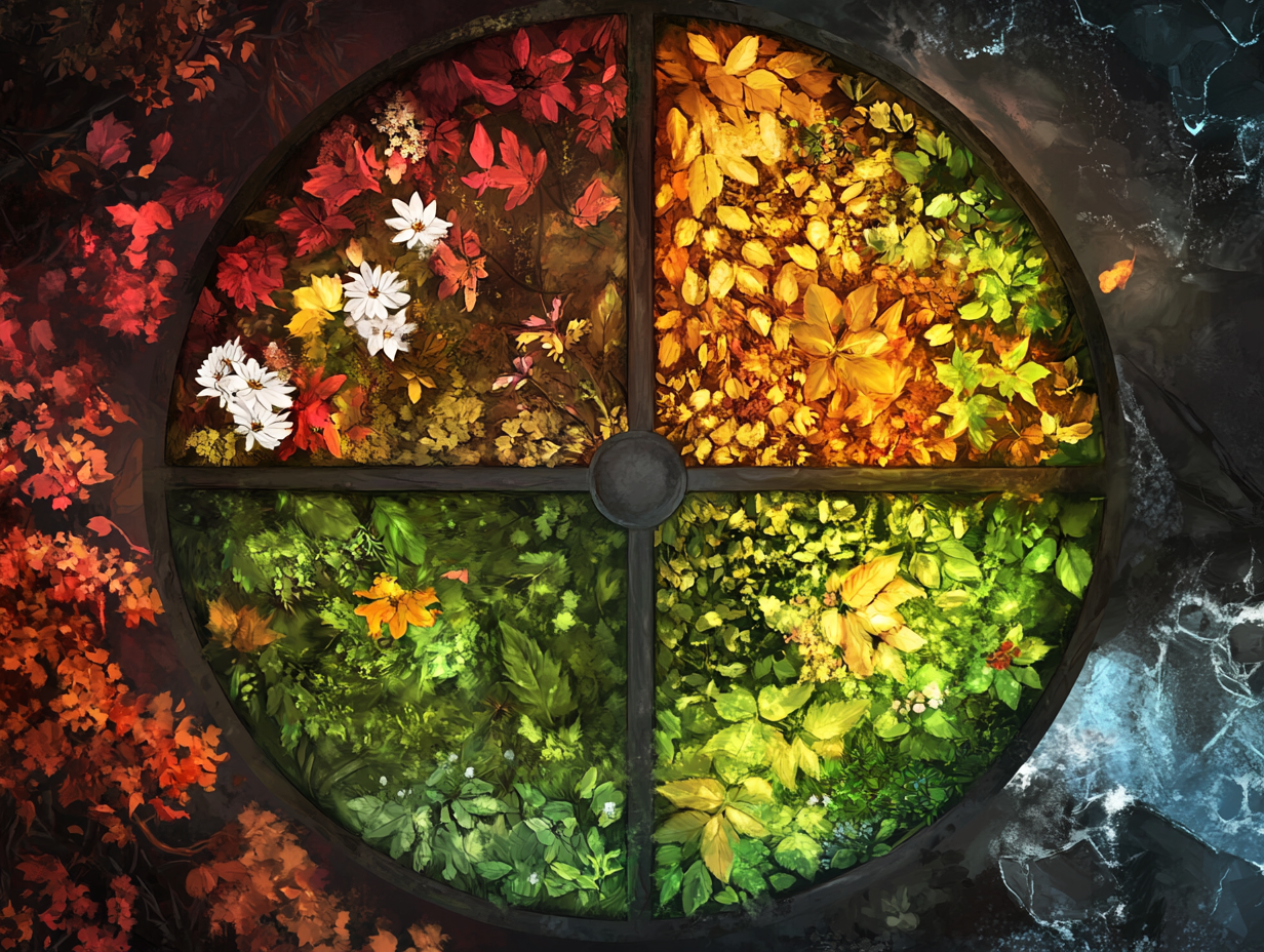 Seasons depicted on wheel in fantasy RPG setting