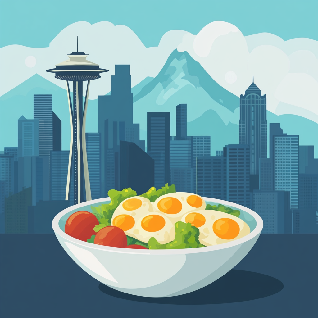 Seattle skyline with Space Needle, salad, eggs. Flat illustration.