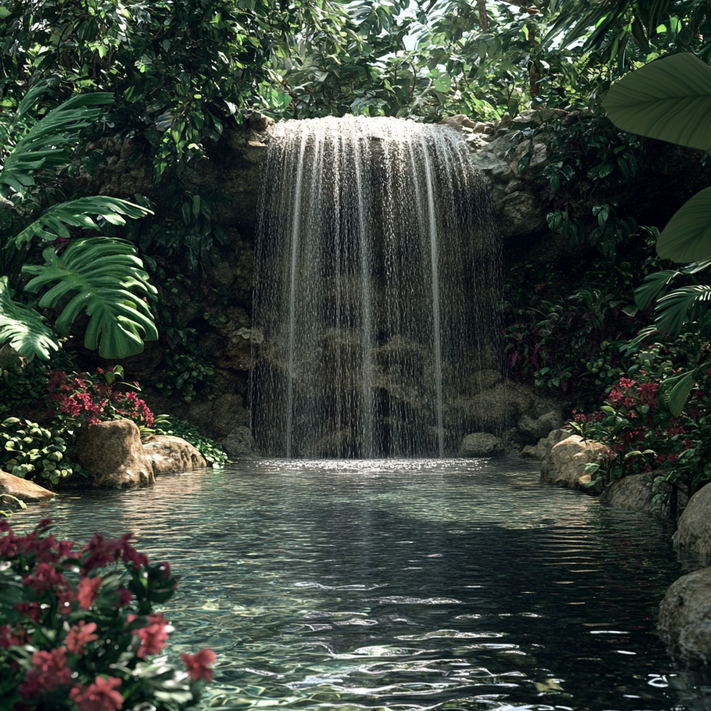 Secluded jungle waterfall with crystal-clear water and lush vegetation