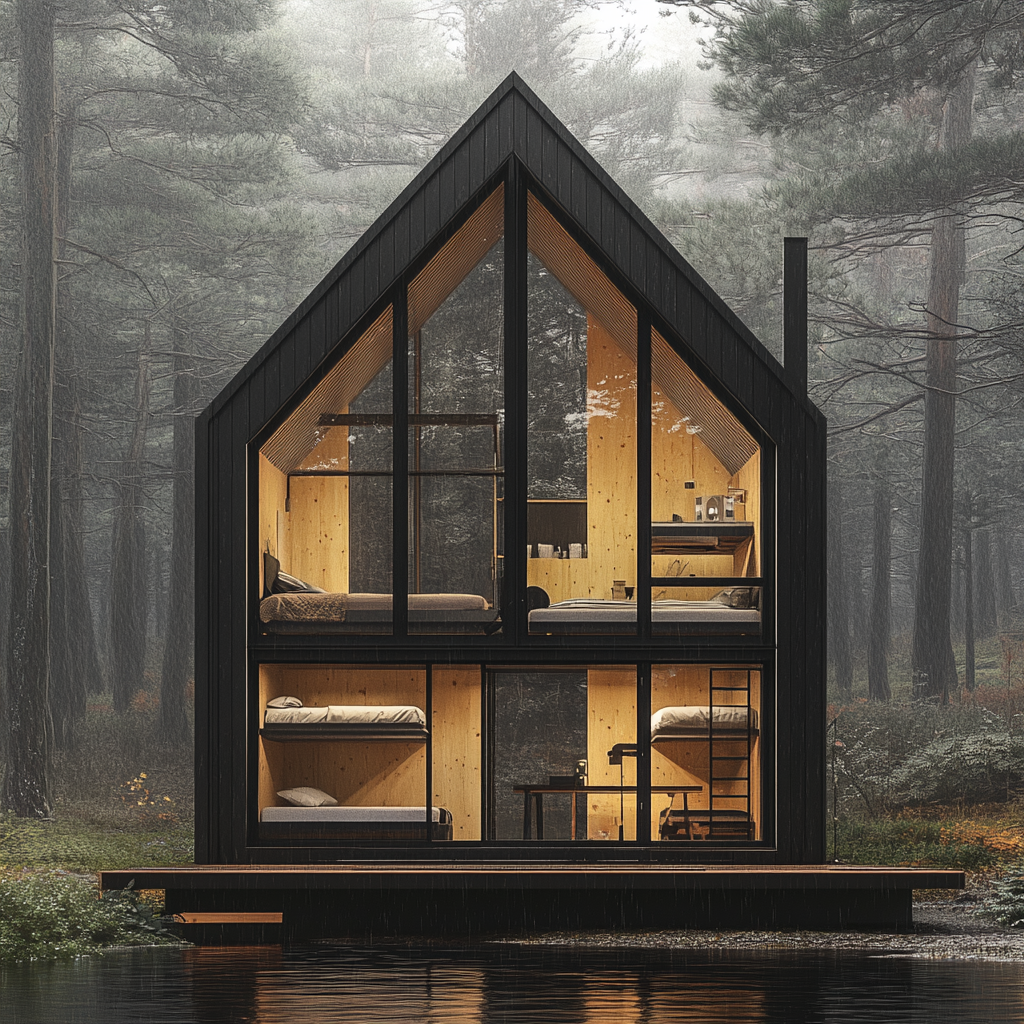 Sectional view of modern black wood cabin. Small open garden, bunk beds, A shape roof.