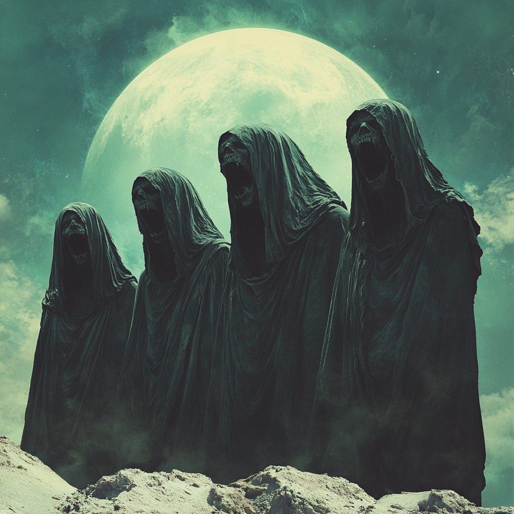 See wide-mouthed zombie monks in surreal eclipse