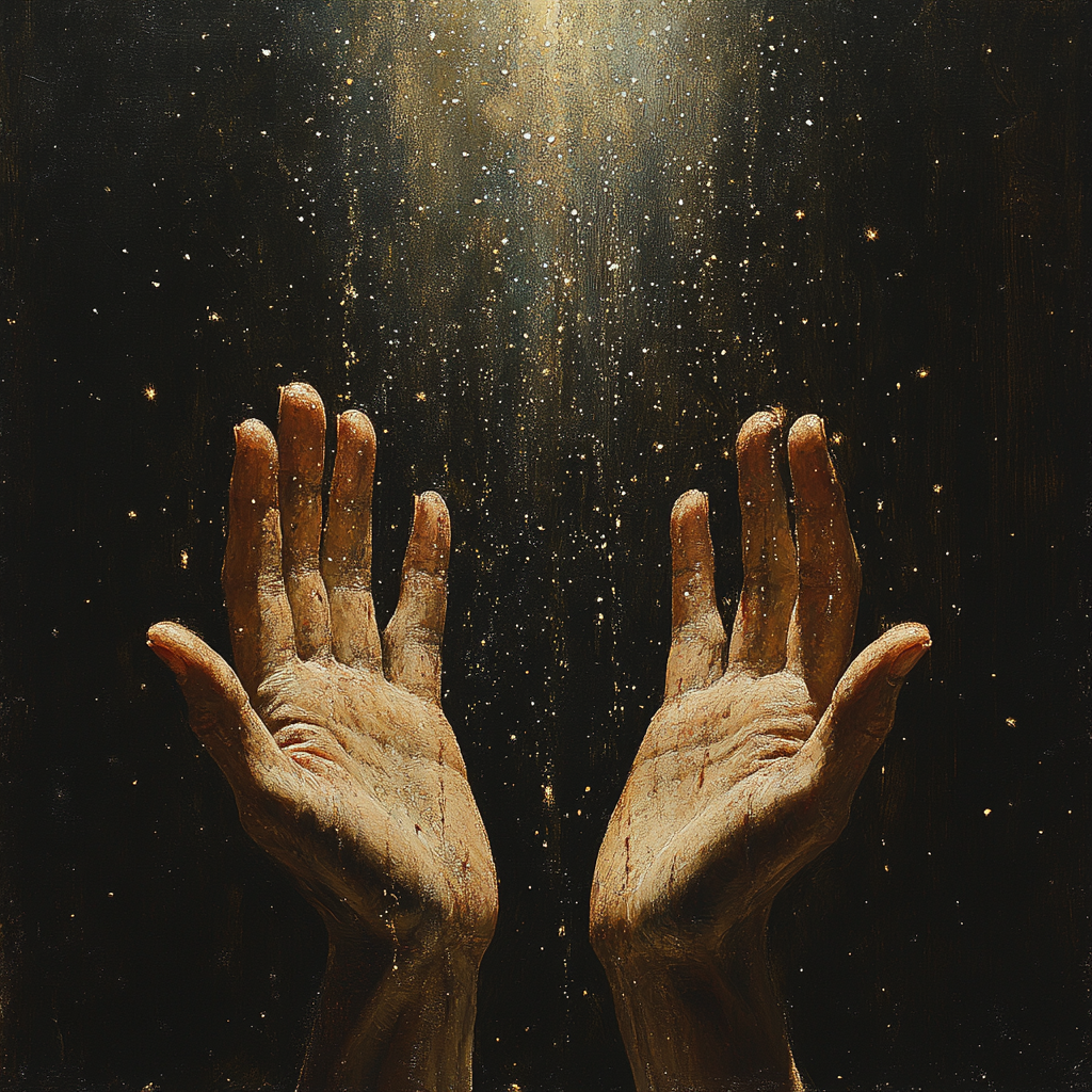 Seeking Guidance: Hands Reaching to Starlit Sky