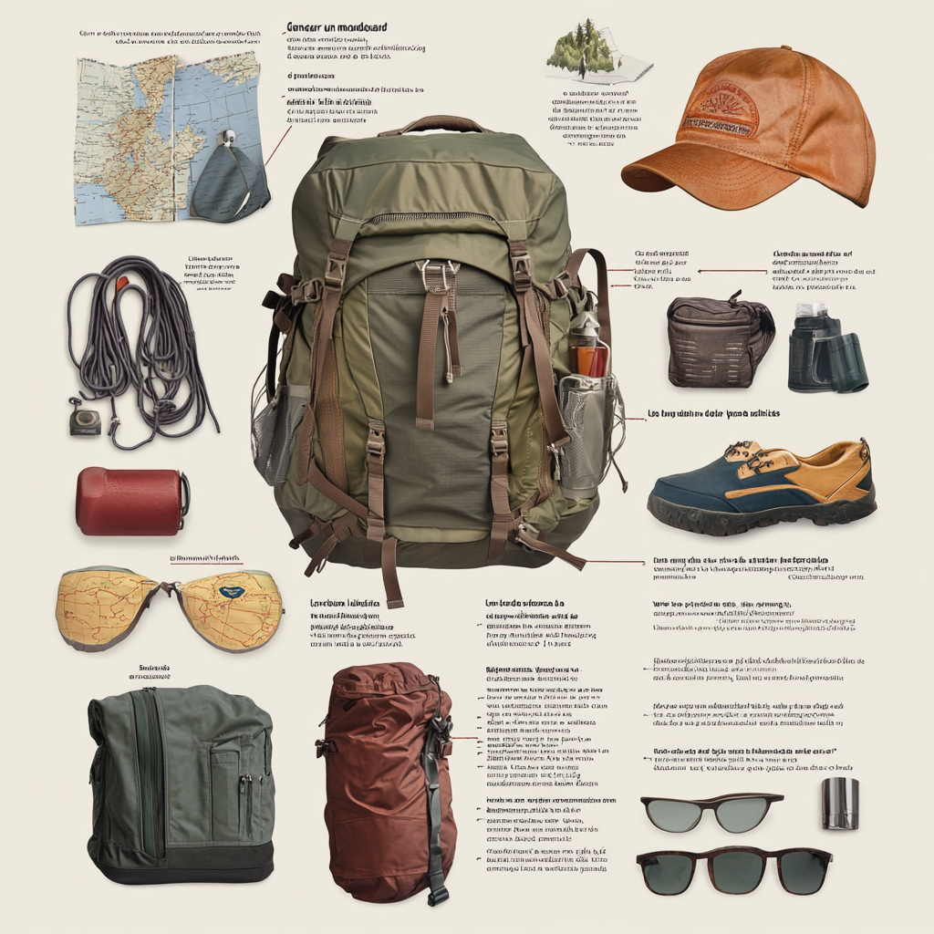 Selection of essential items for a trekking backpack visually.