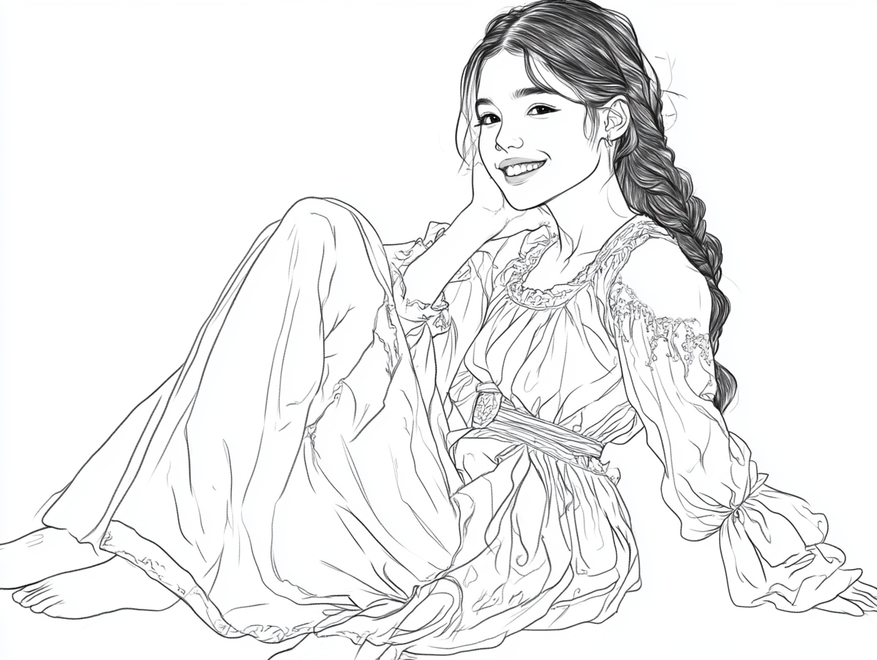 Selena Gomez in peasant girl costume sitting and smiling.