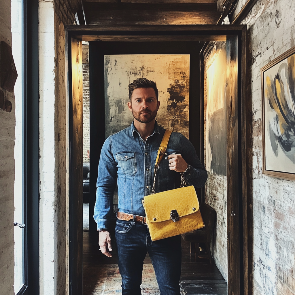 Selfie of slim man in mirror with rustic hallway.