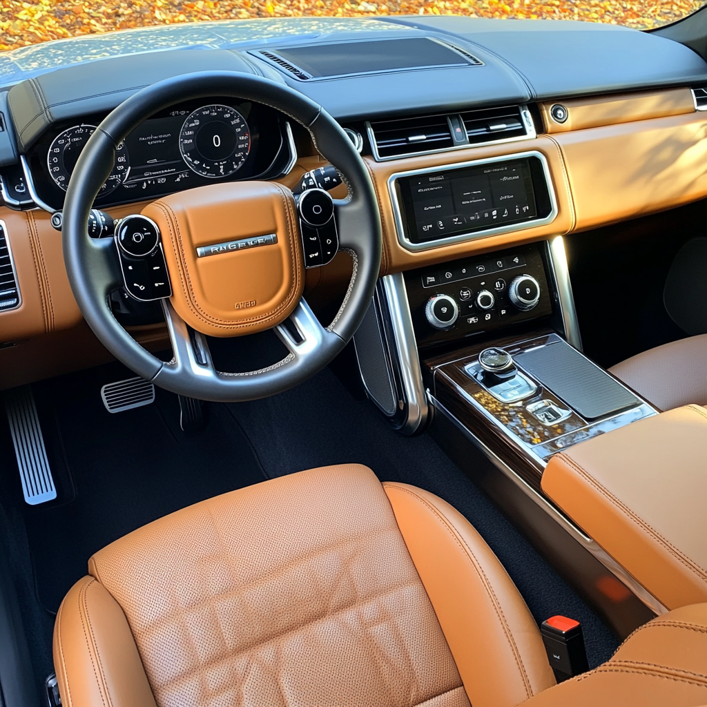 Selfie-style view of Range Rover Sport's interior, rich leather.