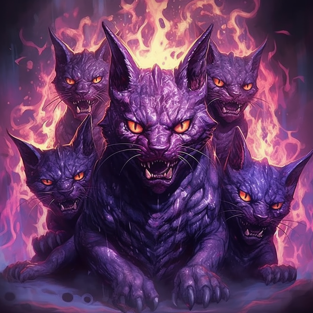 Semi-realistic 3-headed demon cat in hell, purple flames.