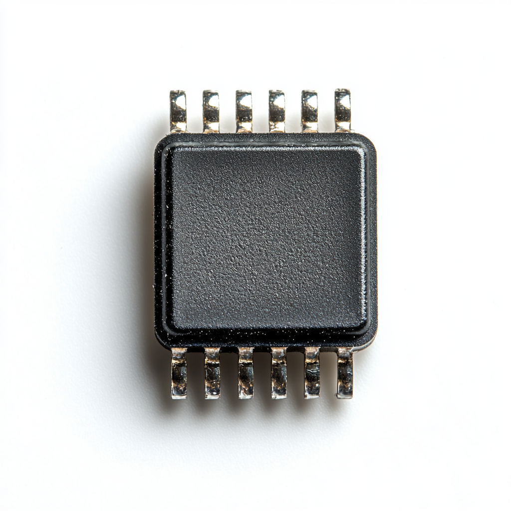 Semiconductor with rectangular body and curved metal leads.