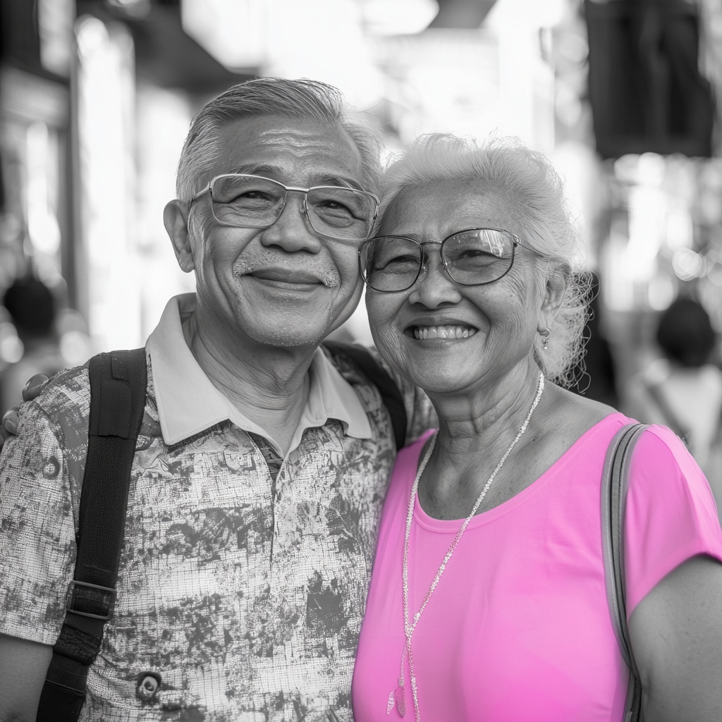 Senior Filipino couple in black and white portrait.