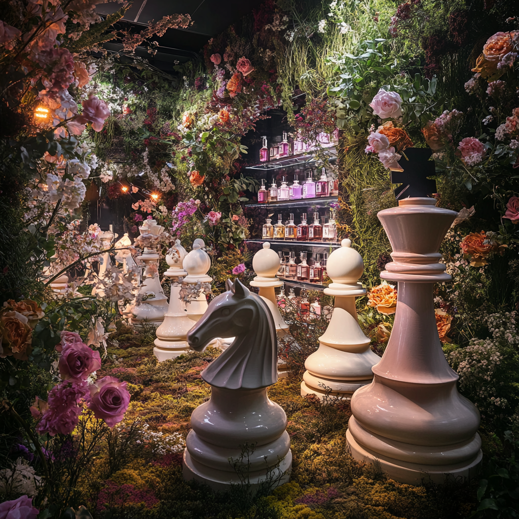 Sensory experience with chess pieces, flowers, and perfume displays.