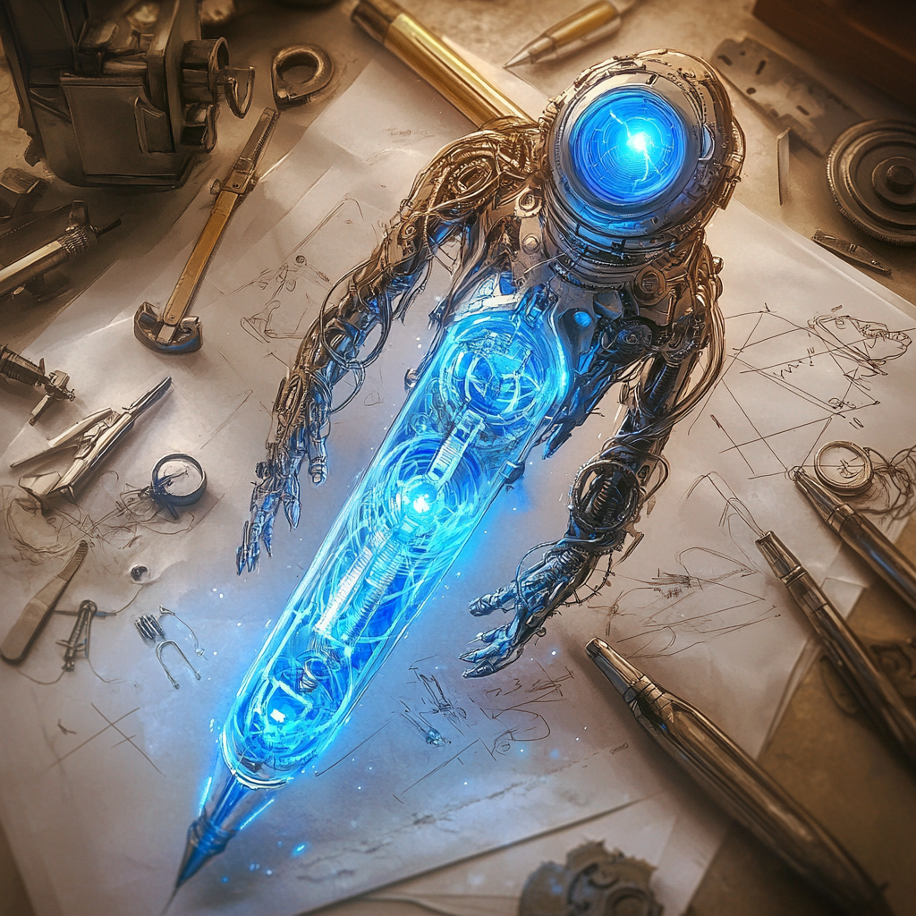 Sentient blueprint pen character with gears and glowing ink.