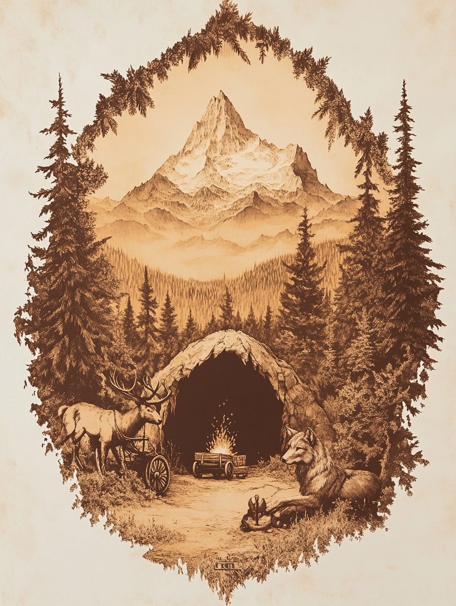 Sepia poster for mining company with Yggdrassil, mountain, animals.