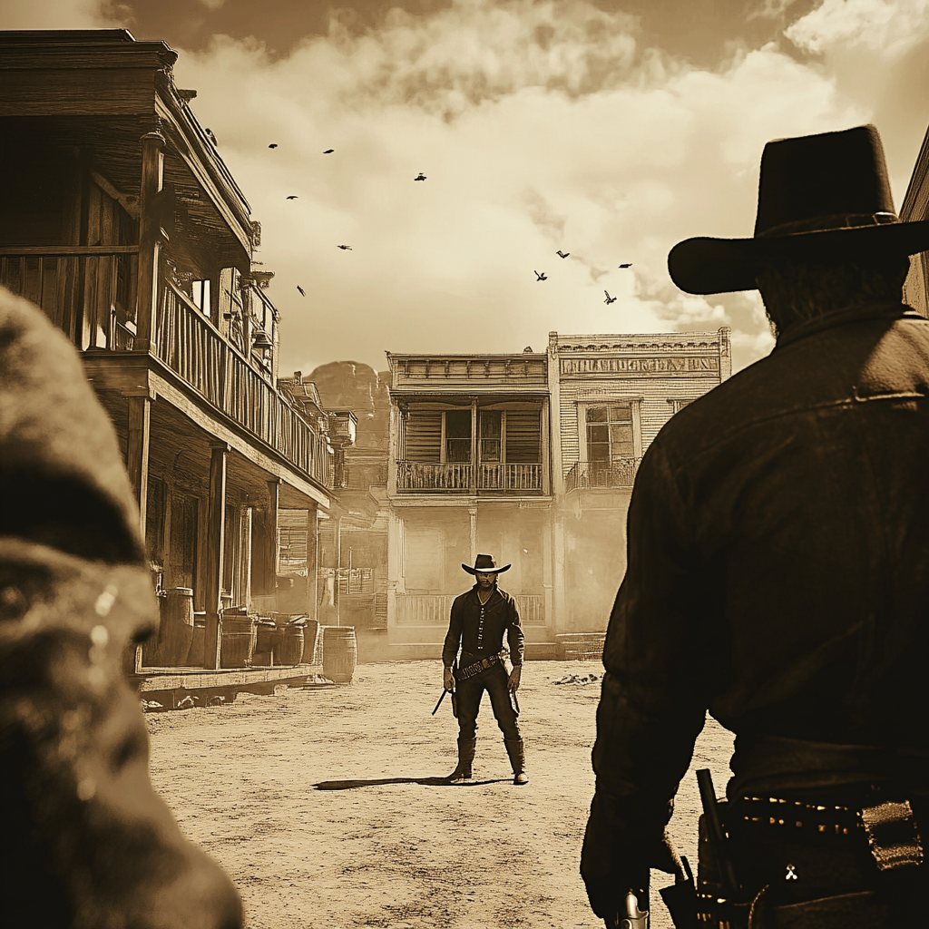 Sepia-tone gunfighters face off in Wild West town.