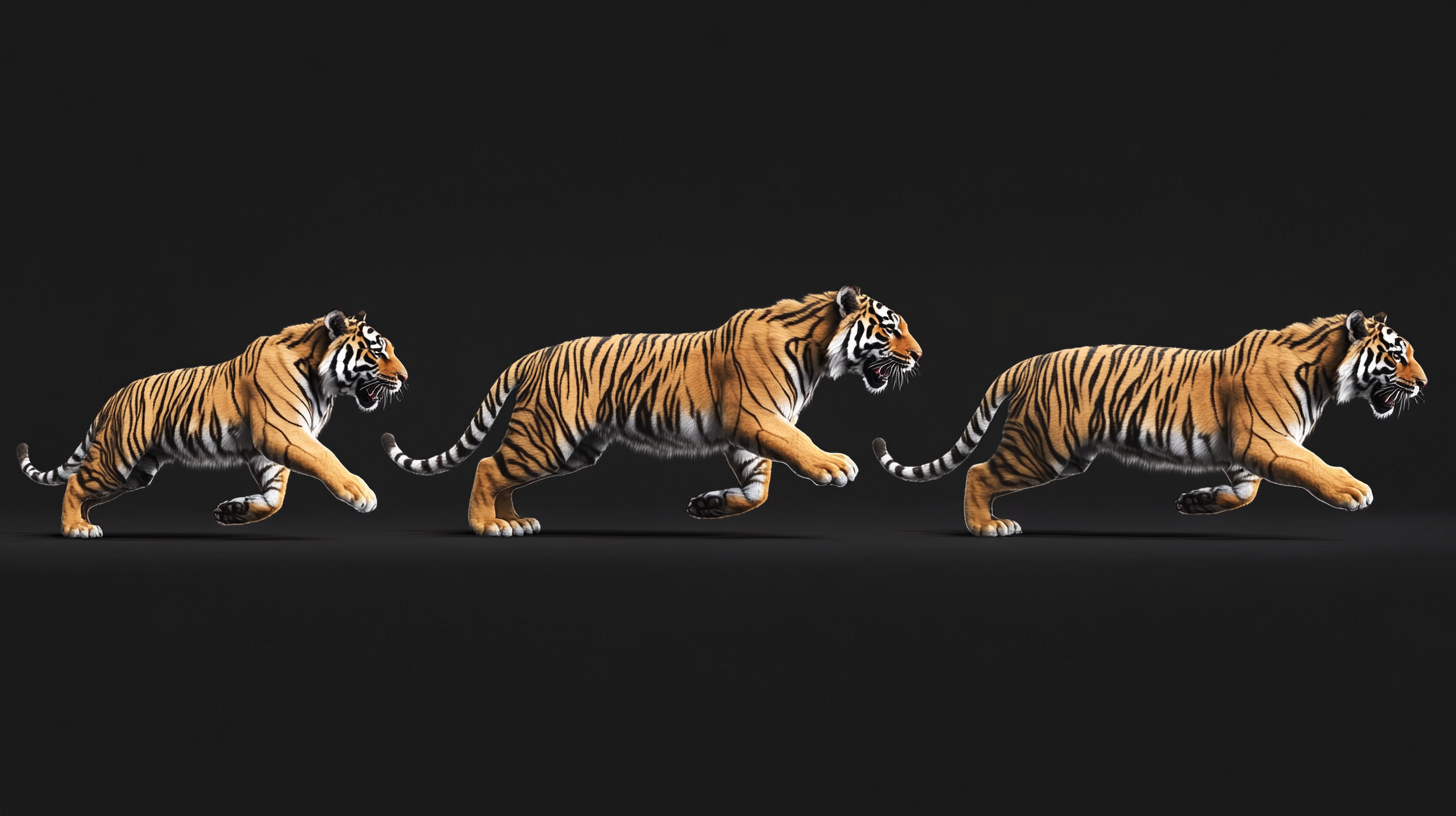 Sequence frames of tiger running in fluid motion.