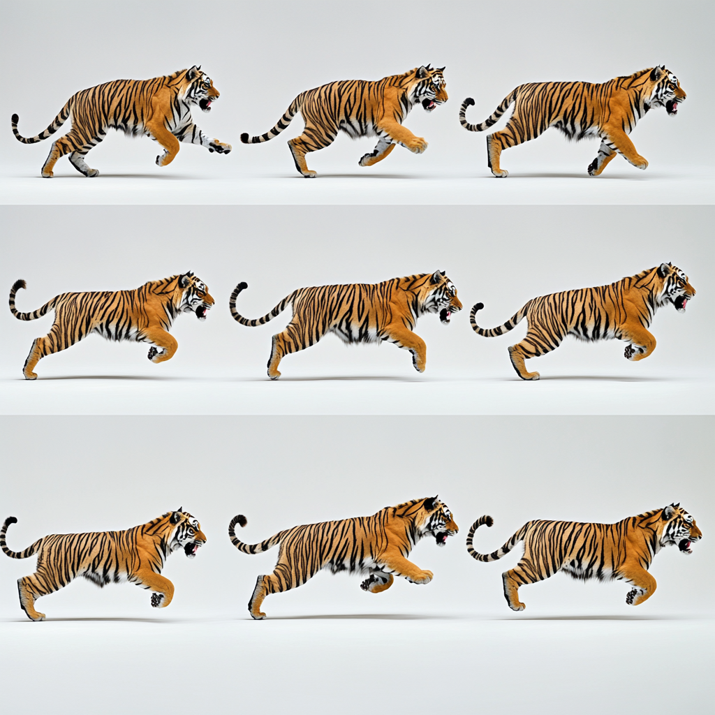 Sequence of tiger running in fluid motion stride profile.