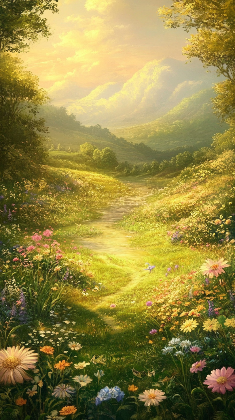 Serene, sunlit meadow with playful creatures and gentle faeries.