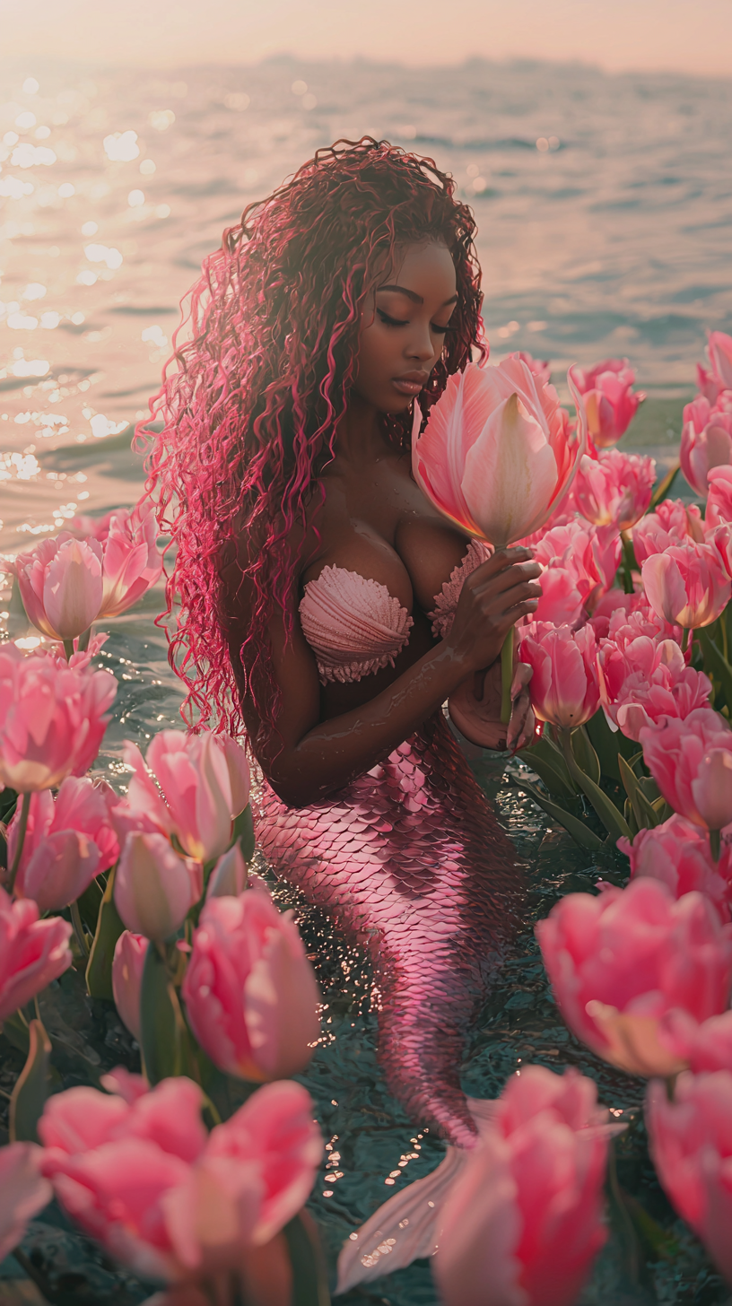 Serene African American mermaid surrounded by pink tulips