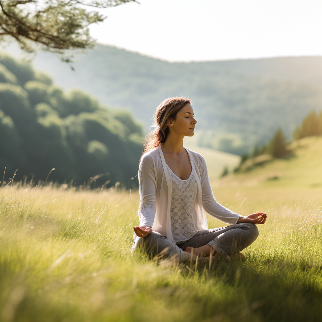 Serene Countryside Meditation Scene surrounded by Nature