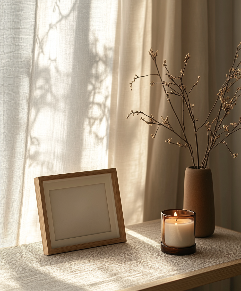 Serene Home Office Desk with Candlelight