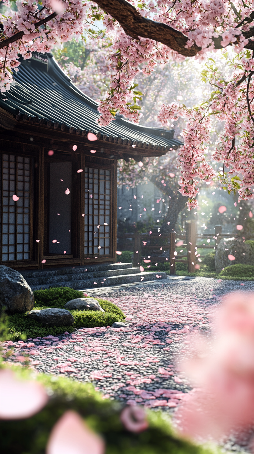 Serene Japanese Zen Temple Garden with Cherry Blossoms