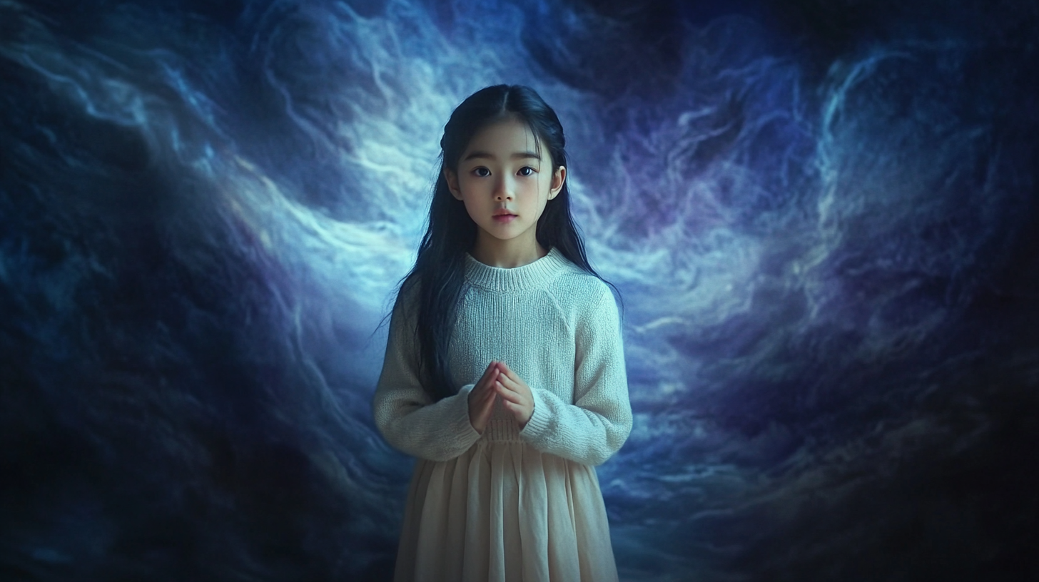 Serene Korean girl in mystical dreamlike setting.